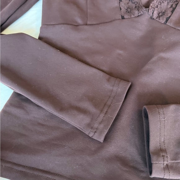 White Fox Boutique Deep V Lace-Trim Long Sleeve Top - Brown - Picture 6 of 9